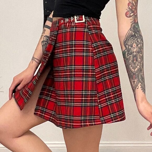 John Galt Plaid Mini Short Skirts Adjustable Belt Size S Red - Picture 4 of 8
